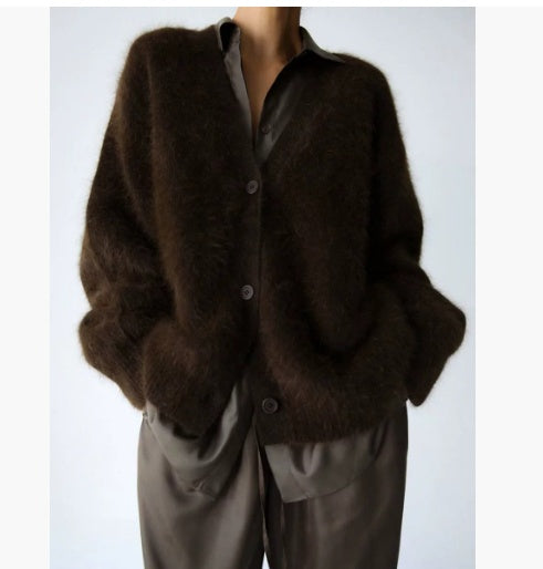Women's Loose V-Neck Button Knitted Cardigan Sweater - Fall & Winter Top