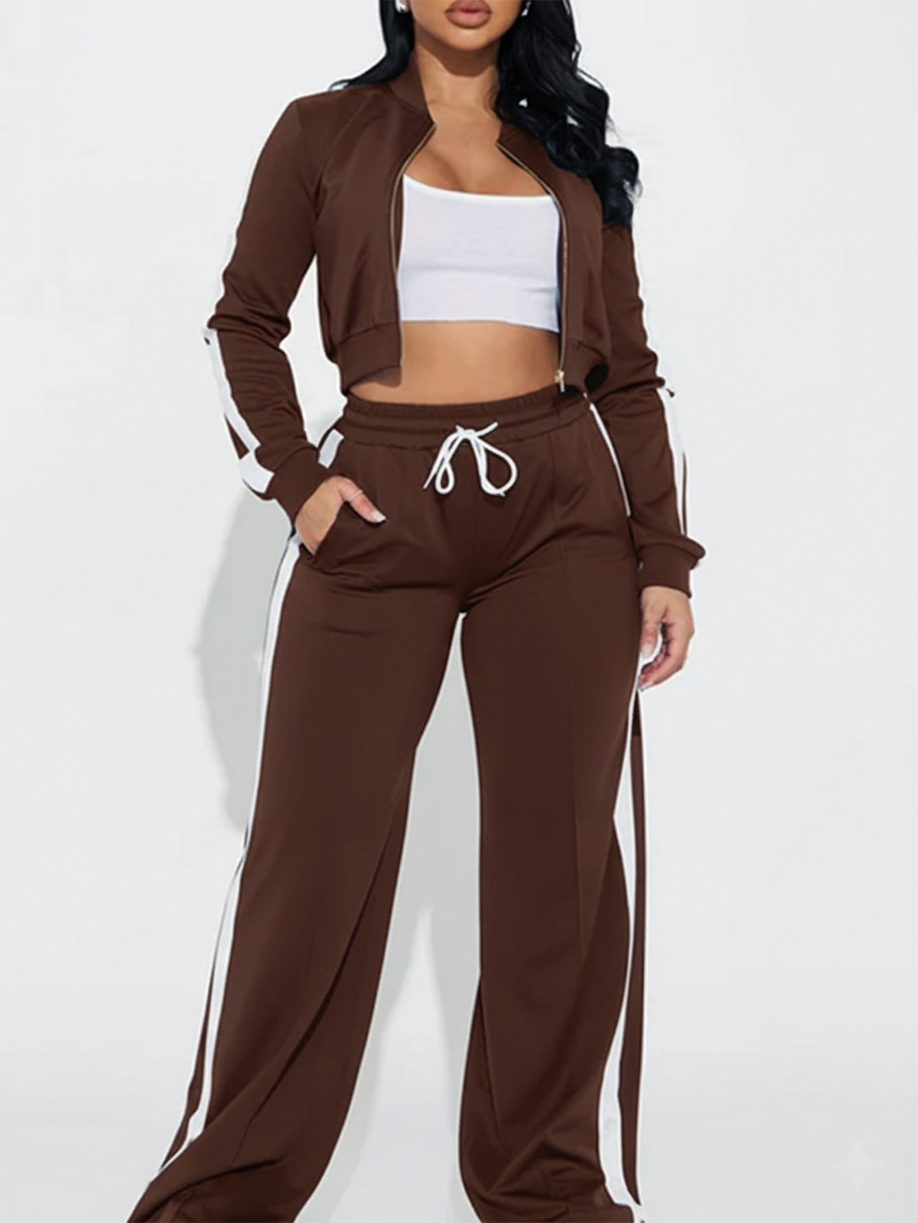 Women Sport Casual Side Stripe Long Sleeve Zipper Jacket Wide-Leg Pants Two-Piece Set