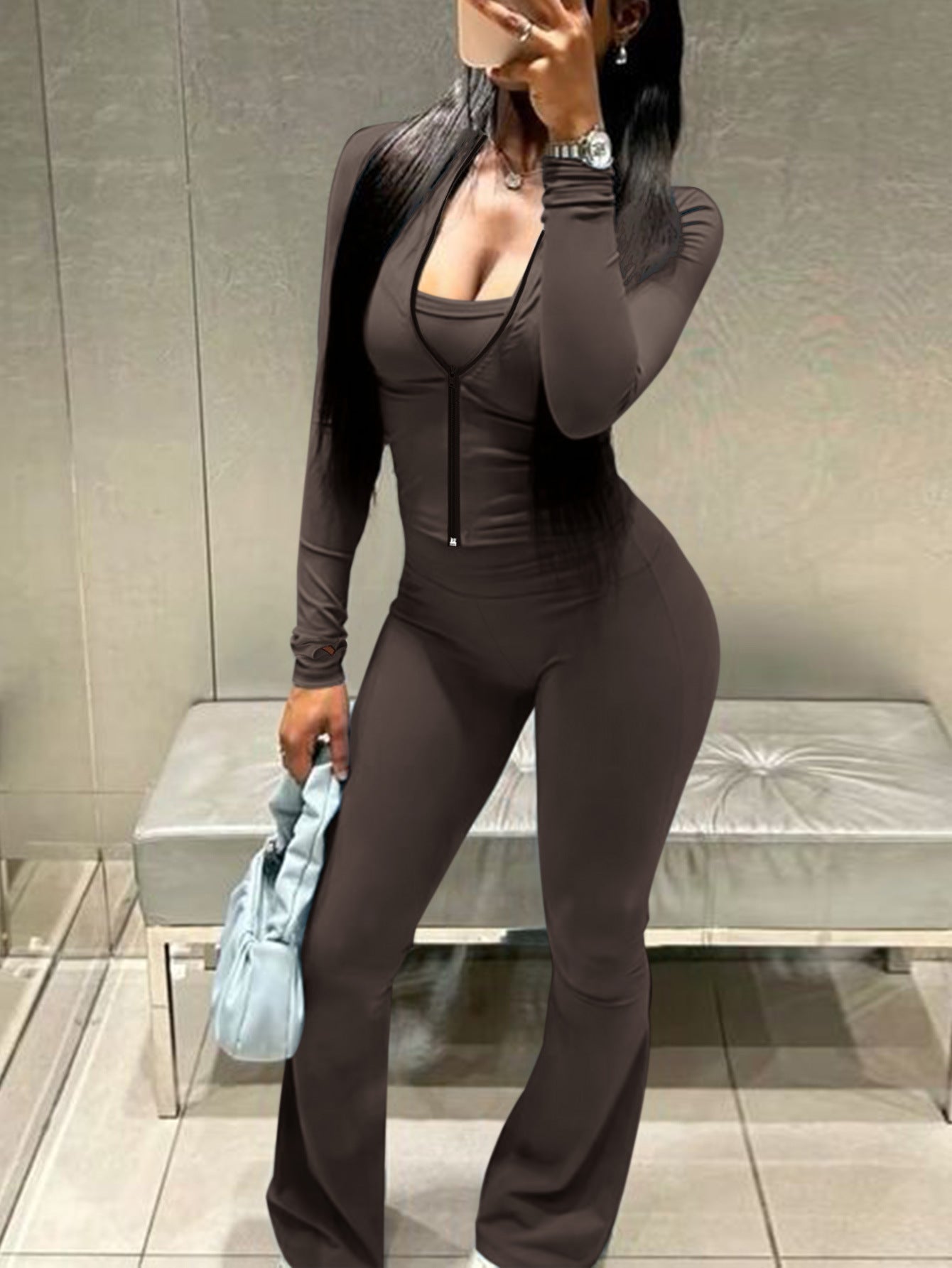 Women Casual Top And Bell Bottom Long Pants Two Piece Set