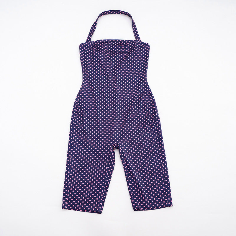 Women Spring Summer Polka Dot Sleeveless Halter Neck Cropped Jumpsuit