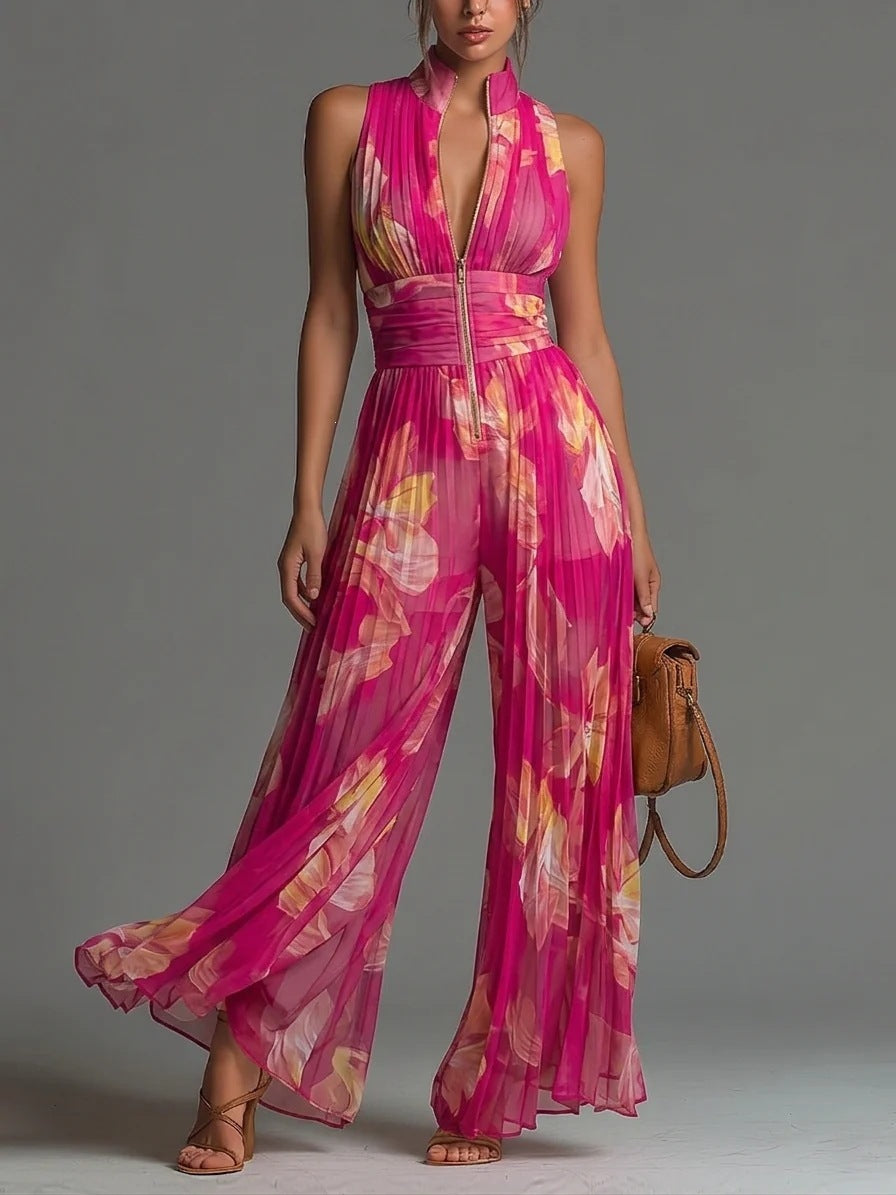 Women's Fashion Sexy Pleated Halter Neck Wide Leg Jumpsuit