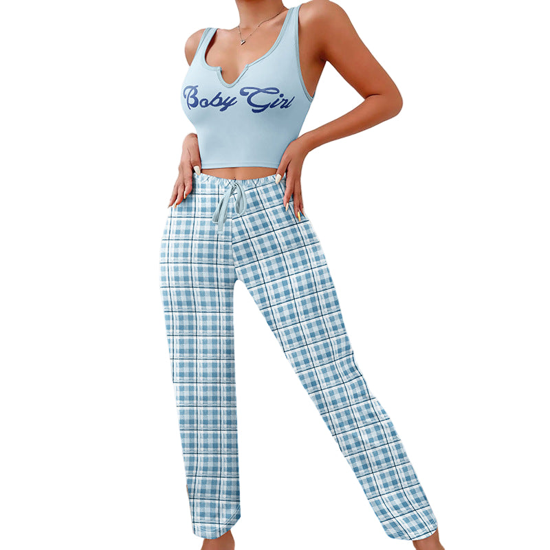Women's Casual Pajama Set - Plaid Trousers & Letter Print Top