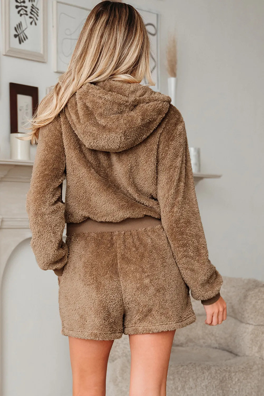 Parchment Zip-Up Hoodie, Drawstring Shorts, Sherpa 2-Pcs Outfit