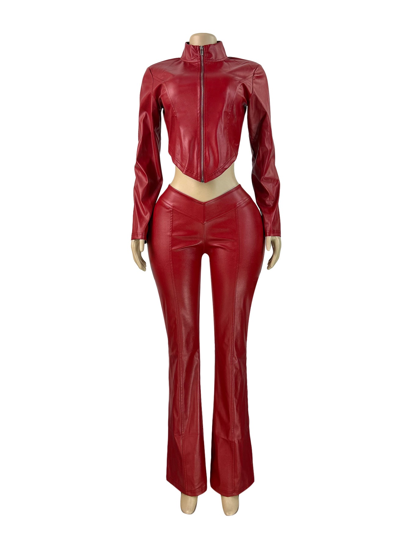 Women'S Fashion Slim Fit Zipper Stretch Leather Casual Flared Pants Set