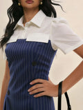 Spring Summer Women Striped Patchwork Slim Waist A-Line Shirt Dress