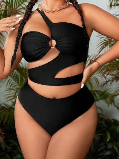 Plus Size Women Sexy One-Shoulder Hollow-Out Two-Piece Swimwear