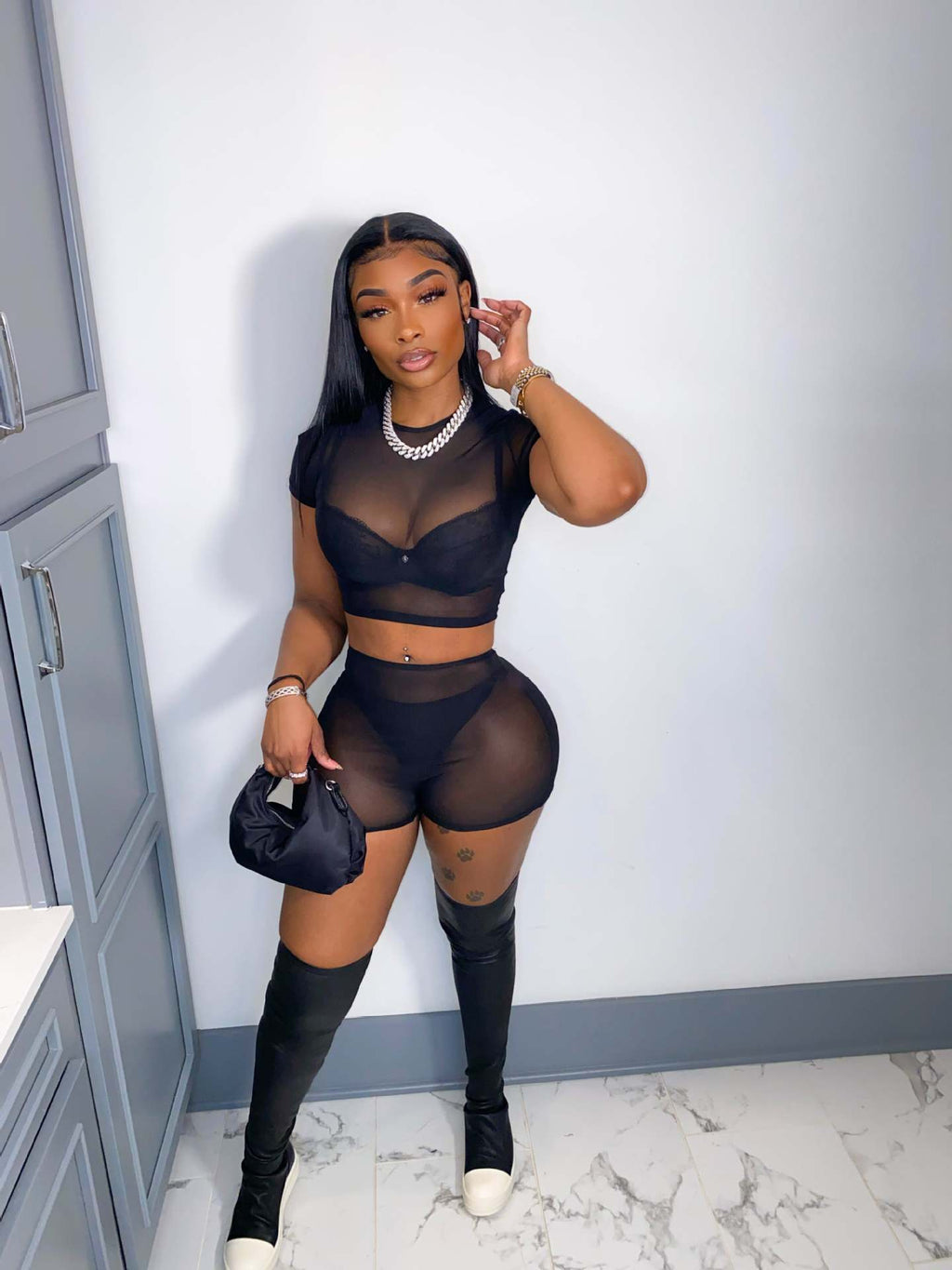 Women's Solid Short Sleeve Hollow Out Slim Fit Mesh Two-Piece Shorts Set