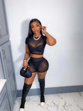 Women's Solid Short Sleeve Hollow Out Slim Fit Mesh Two-Piece Shorts Set