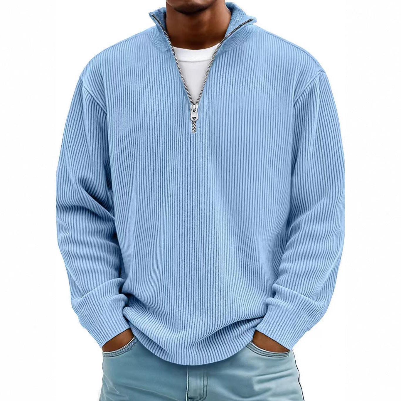 Men's Corduroy Zipper Stand Collar Sweatshirt - Casual Polo Top
