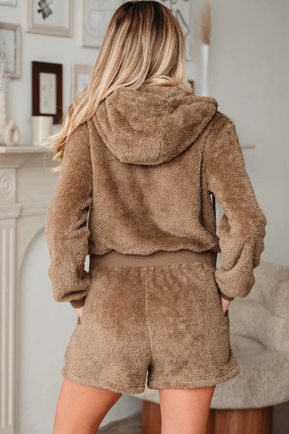 Parchment Zip-Up Hoodie, Drawstring Shorts, Sherpa 2-Pcs Outfit