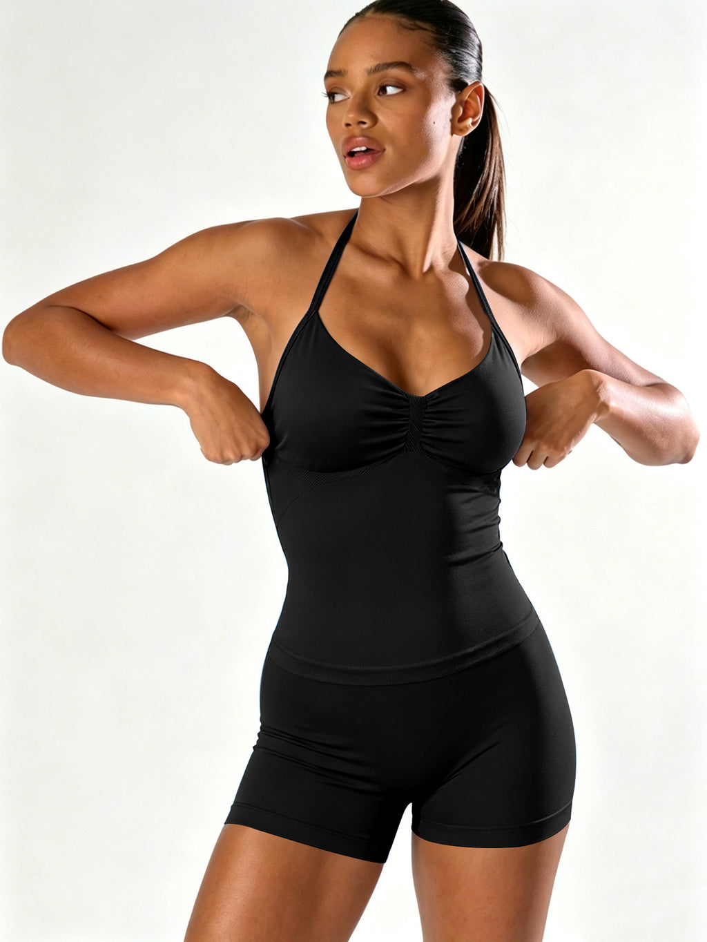 Women Stretch Halter Neck Tank with Bra Pads Seamless Yoga Fitness Two-Piece Set