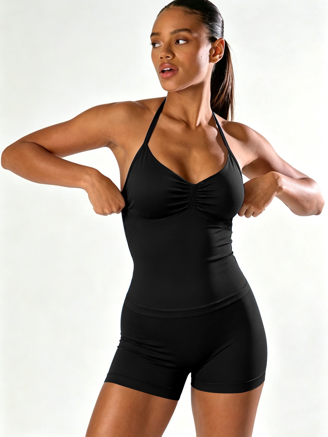 Women Stretch Halter Neck Tank with Bra Pads Seamless Yoga Fitness Two-Piece Set