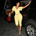 Women Solid Color V-Neck Ruffled Short Sleeve Top Tight Fitting Capri Pants Two-Piece Set