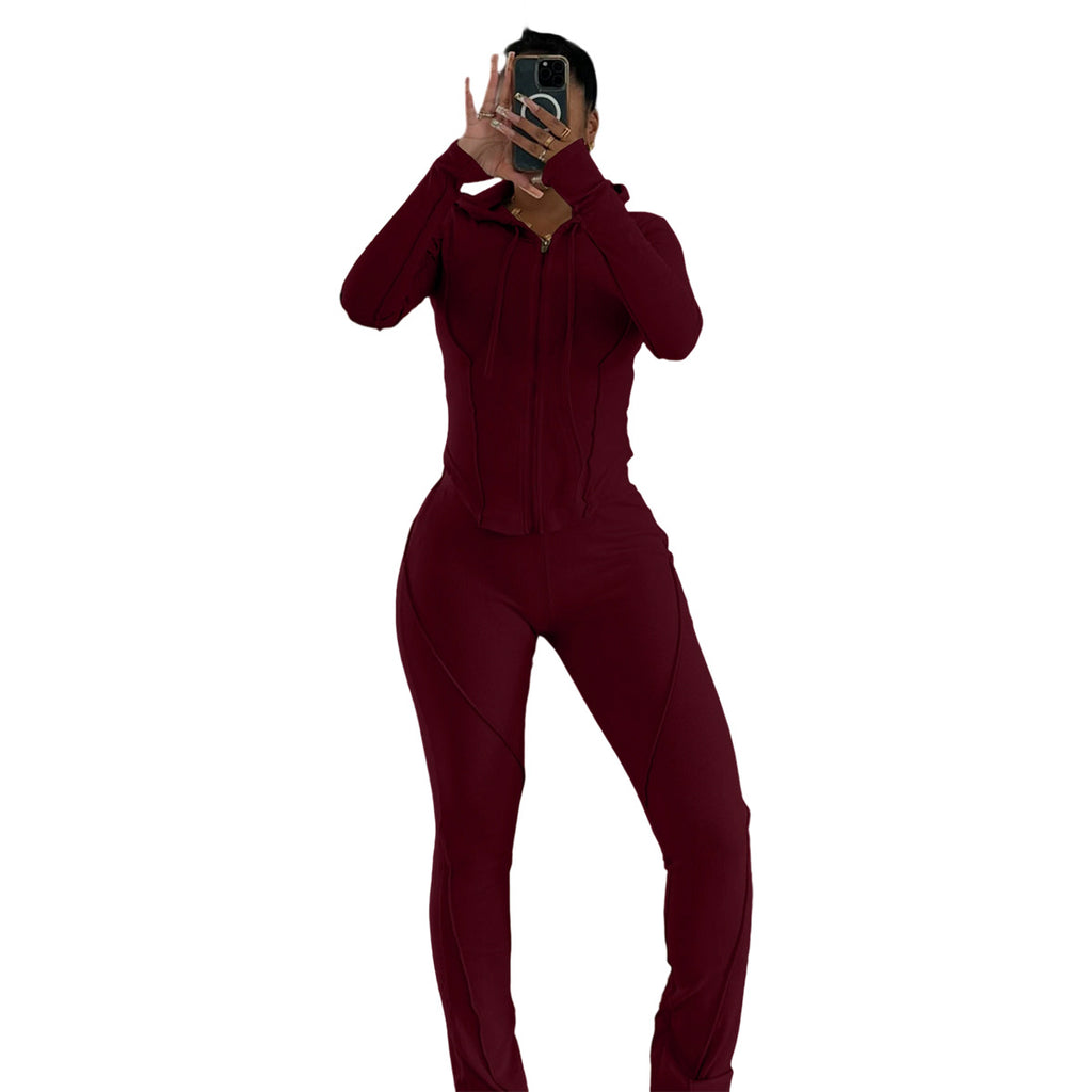 Women Autumn/Winter Ribbed Patchwork Casual Top And Pant Two-Piece Set