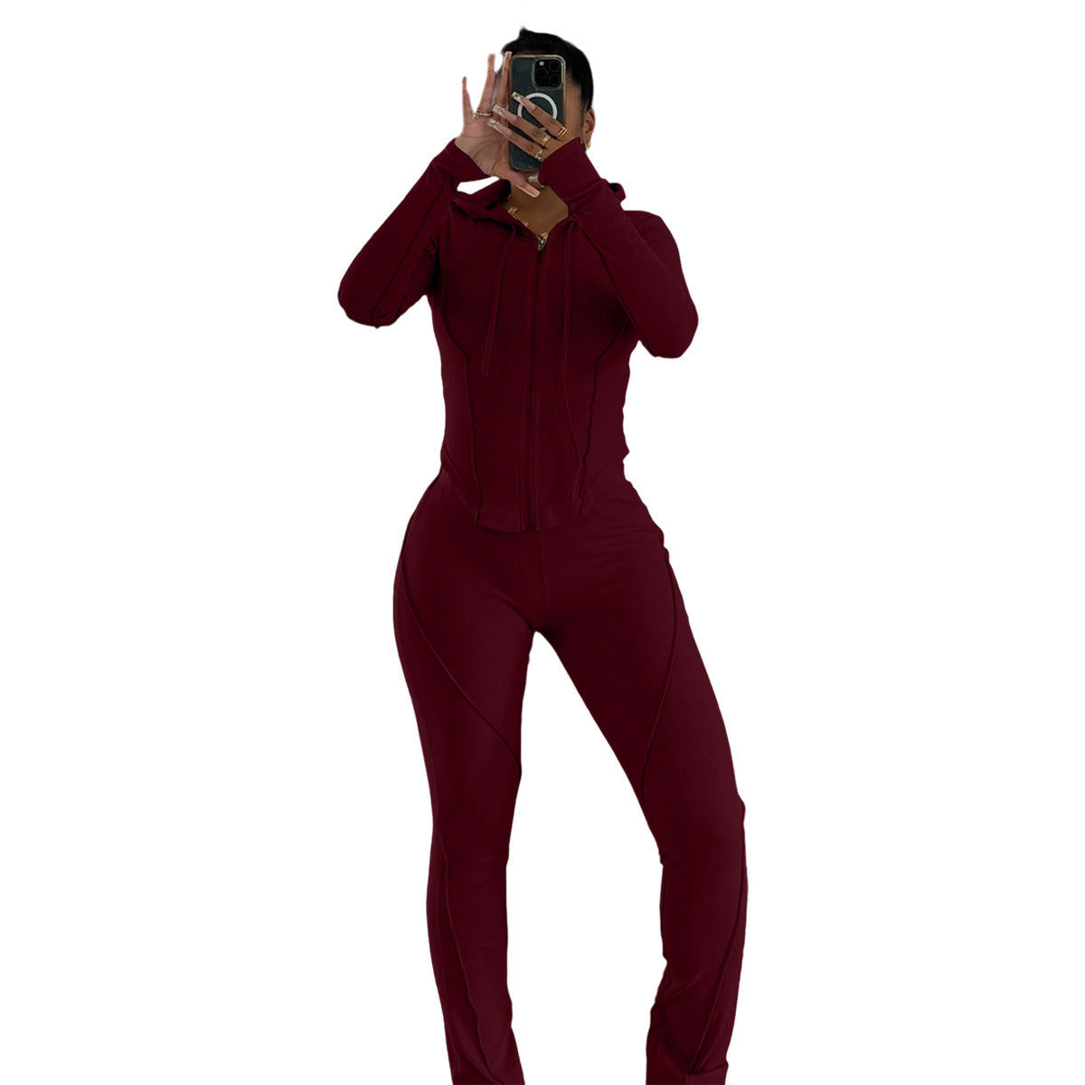Women Autumn/Winter Ribbed Patchwork Casual Top And Pant Two-Piece Set