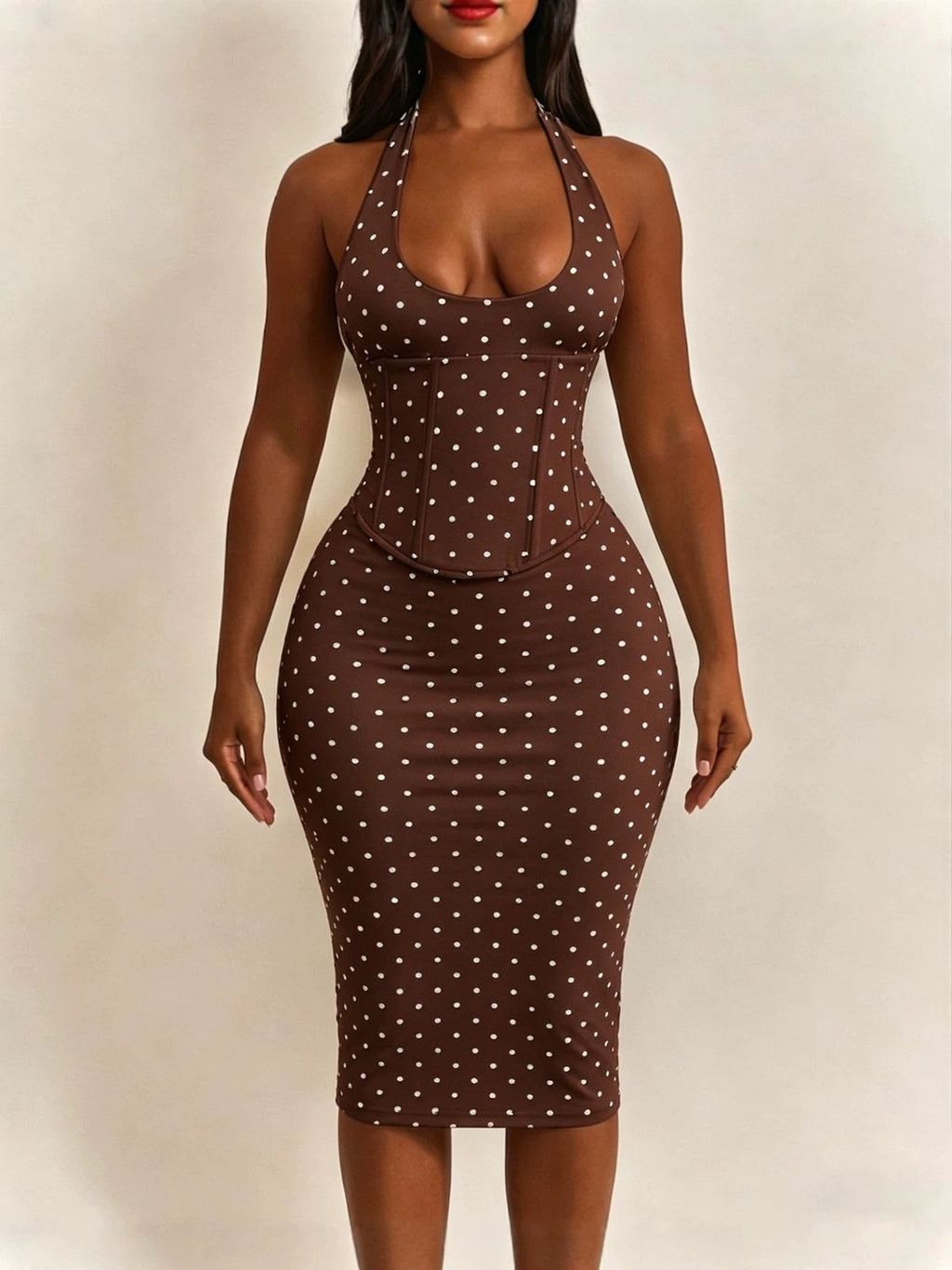 Women Halter Neck Polka Dot Herringbone Zipper (Faux Two-Piece) Dress