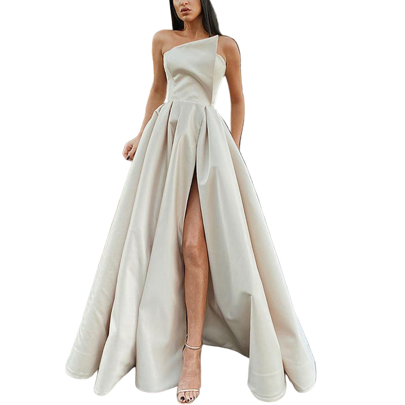 Women's Solid Color Strapless Evening Gown, High Slit Ruched Bust And Flared Skirt For Banquet & Formal Events