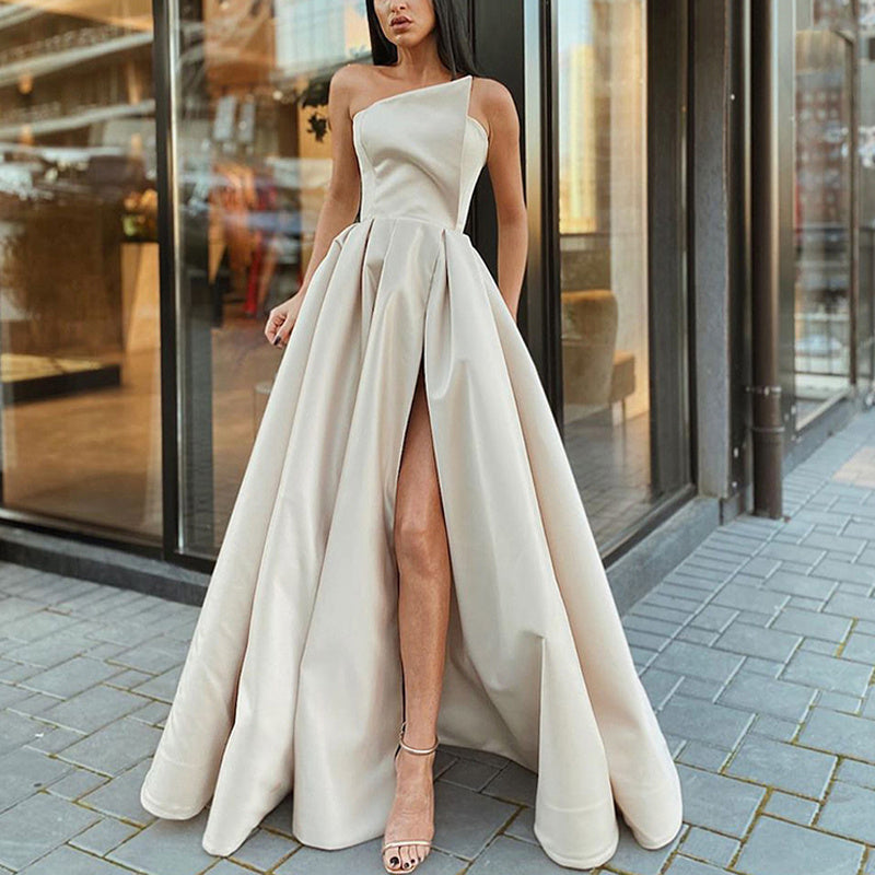 Women's Solid Color Strapless Evening Gown, High Slit Ruched Bust And Flared Skirt For Banquet & Formal Events