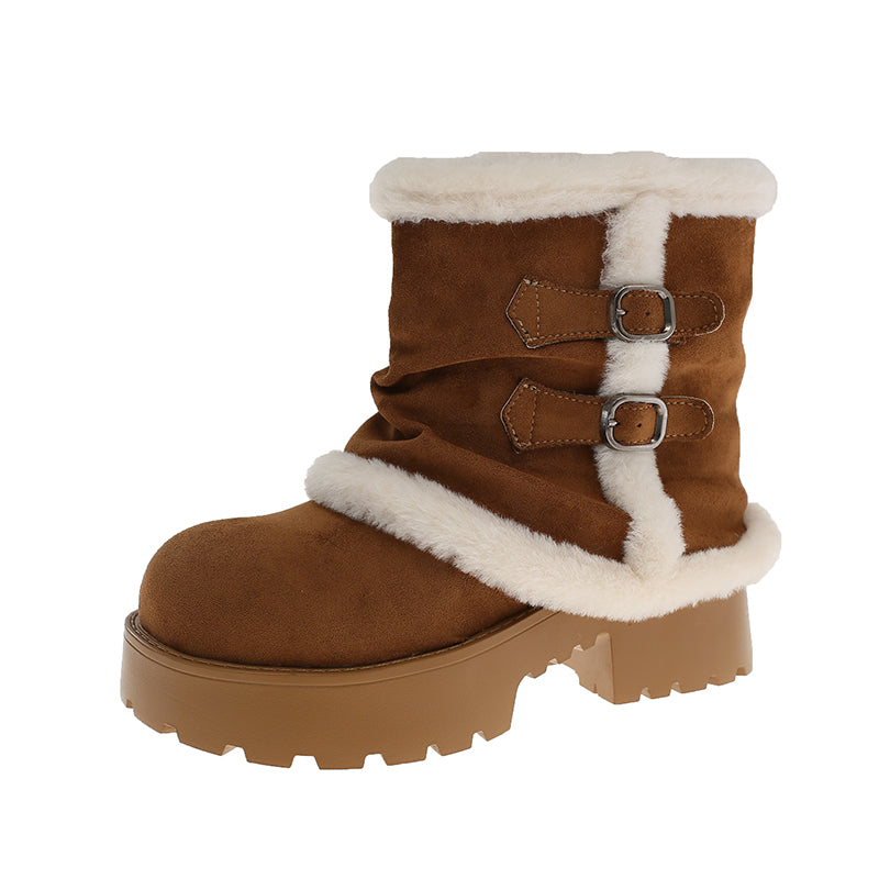 Women's Brown Suede Snow Boots Paired With White Fluffy Thick-soled Martin-style Short Boots, Comfortable Winter Ankle Boots