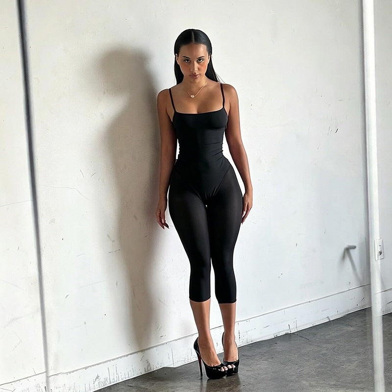 Women Summer Solid Color Patchwork Tight Fitting Seven-point Strap Jumpsuit