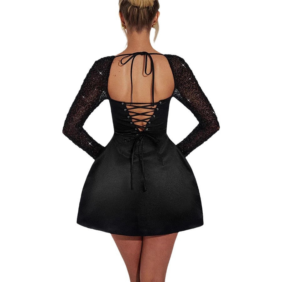 Sequined Long Sleeve Dress INS Casual Lace Up Women