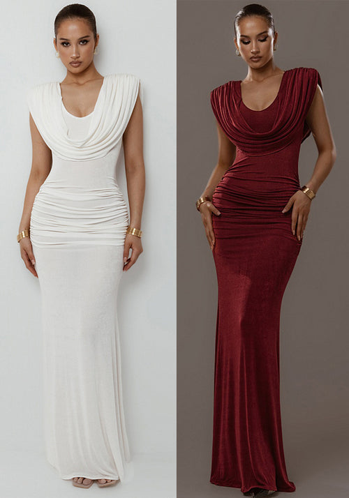 Autumn Women's Solid Color Chic Elegant Slim Waist Pleated Cowl Neck Slim Fit Long Dress