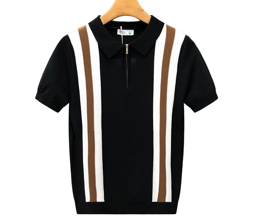Contrast Color Lapels Half Zipper Knitted Short Sleeve