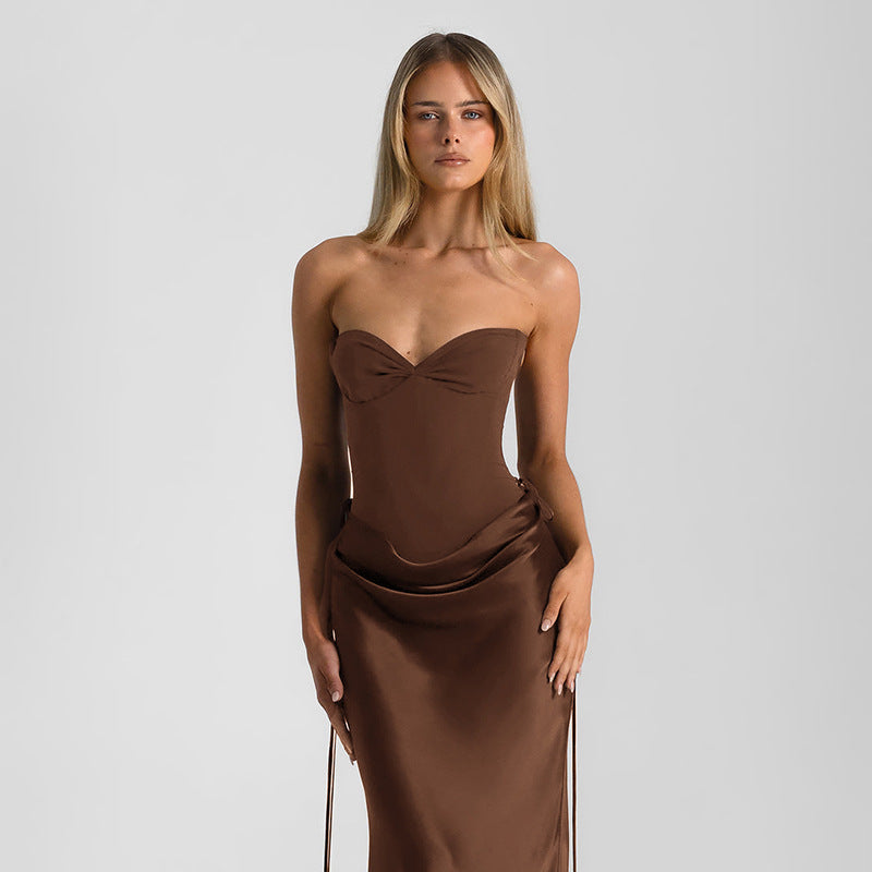 Spring Women Strapless Lace Up Slim Waist Sexy Bodycon Long Dress