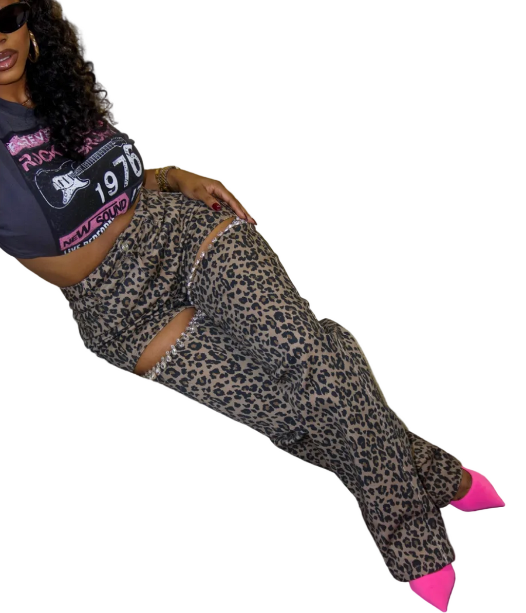 Fashionable High Waist Hollow Leopard Print Diamond Casual Trousers