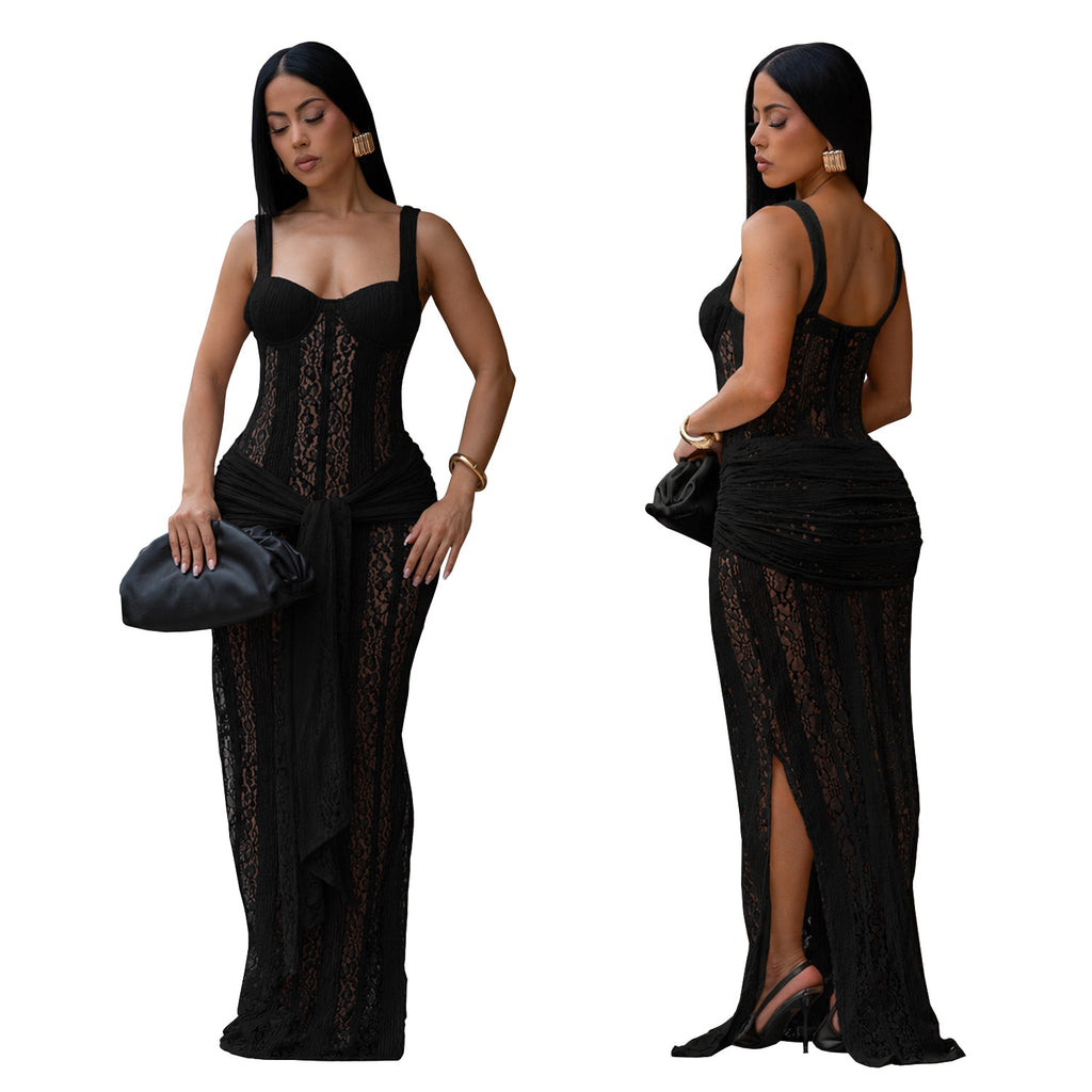 Women Sexy See-Through Lace Strap Bodycon Dress