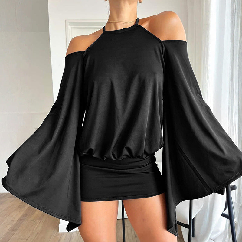 Summer Women's Solid Casual Halter Neck Bell-Bottom Sleeve Low Back Bodycon Mini Dress