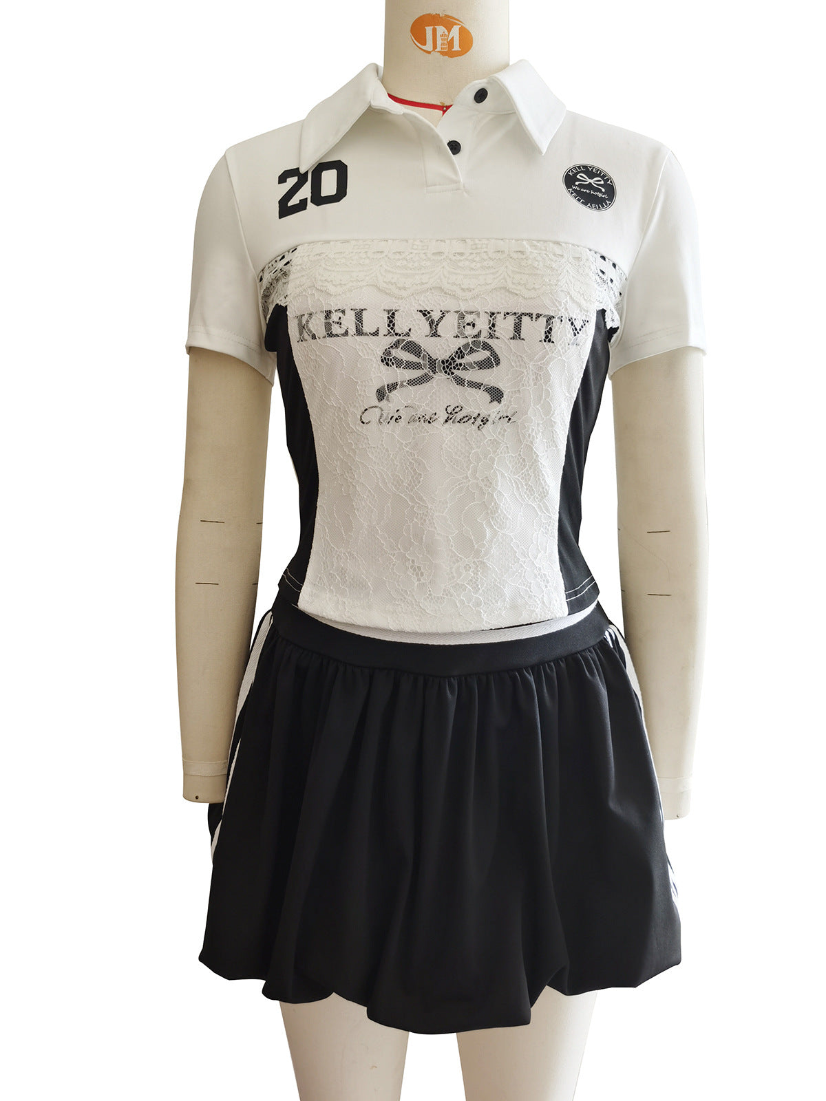 Women Lace Letter Print Button Casual Top And Skirt Two Piece Set