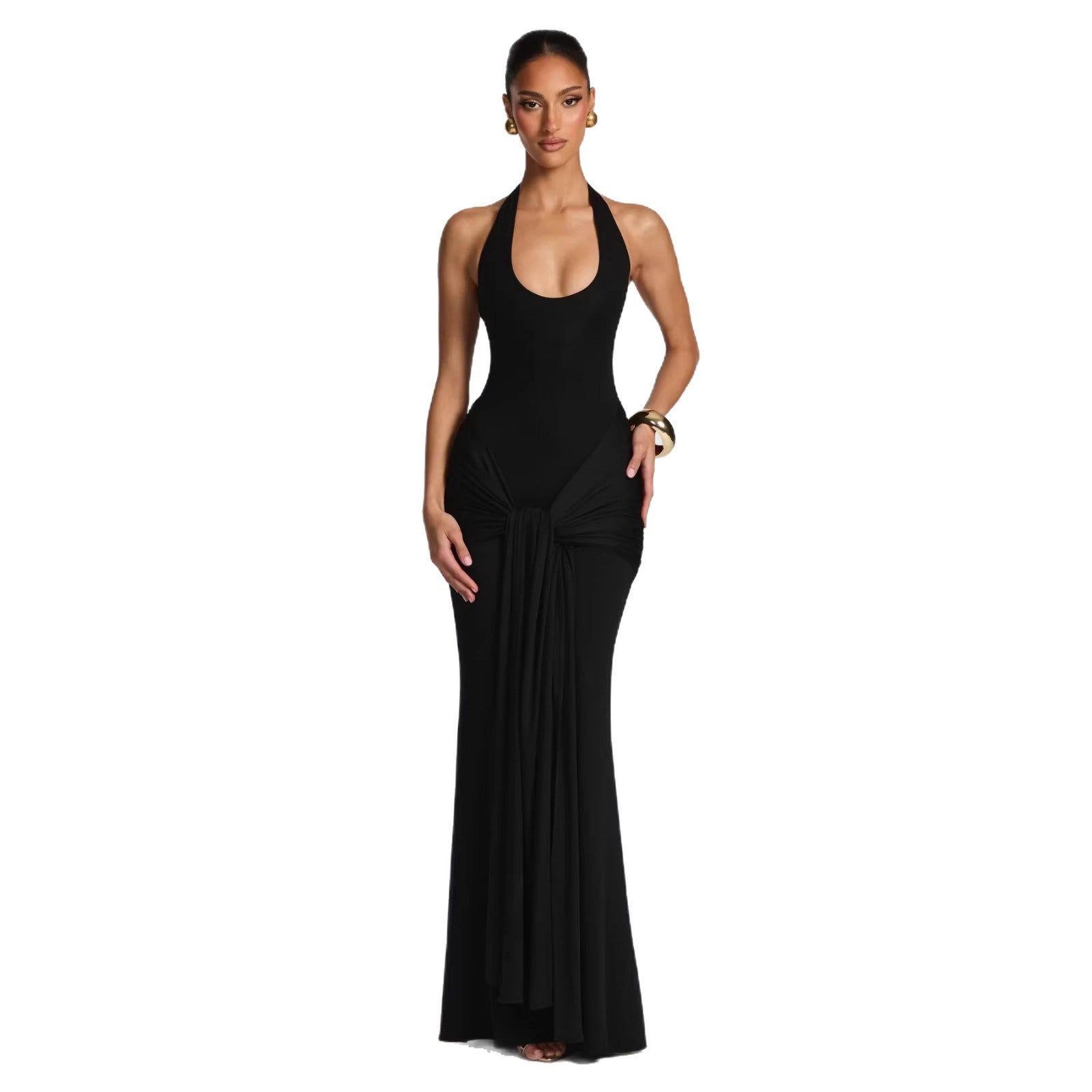 Spring Women U Neck Halter Neck Ribbon Patchwork Bodycon Long Dress