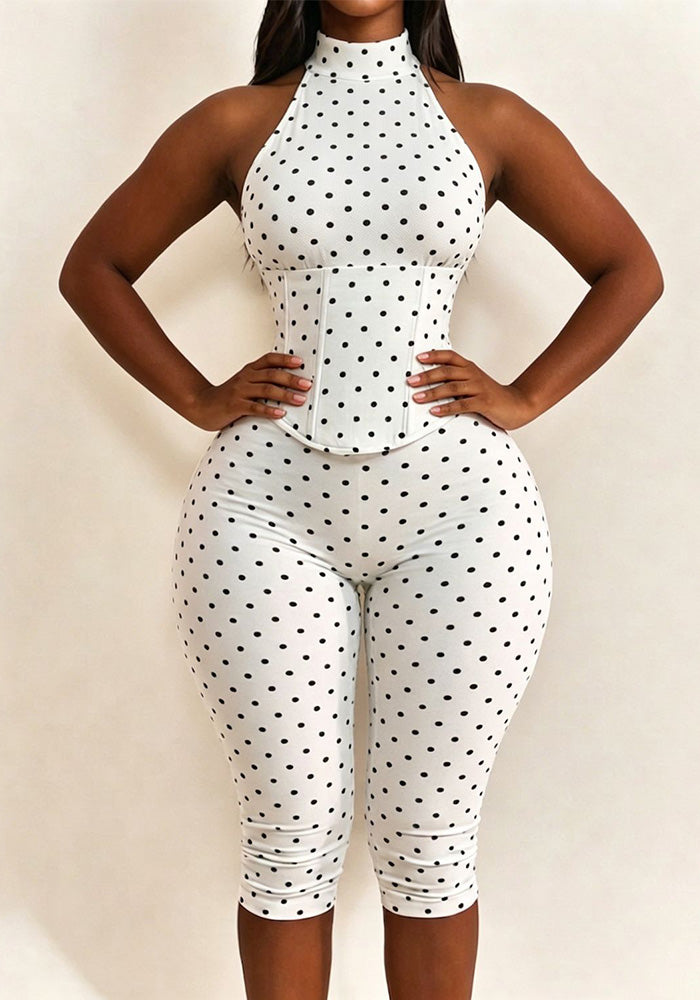 Women Halter Neck Polka Dot Zipper Capri Jumpsuit (Faux Two-Piece)