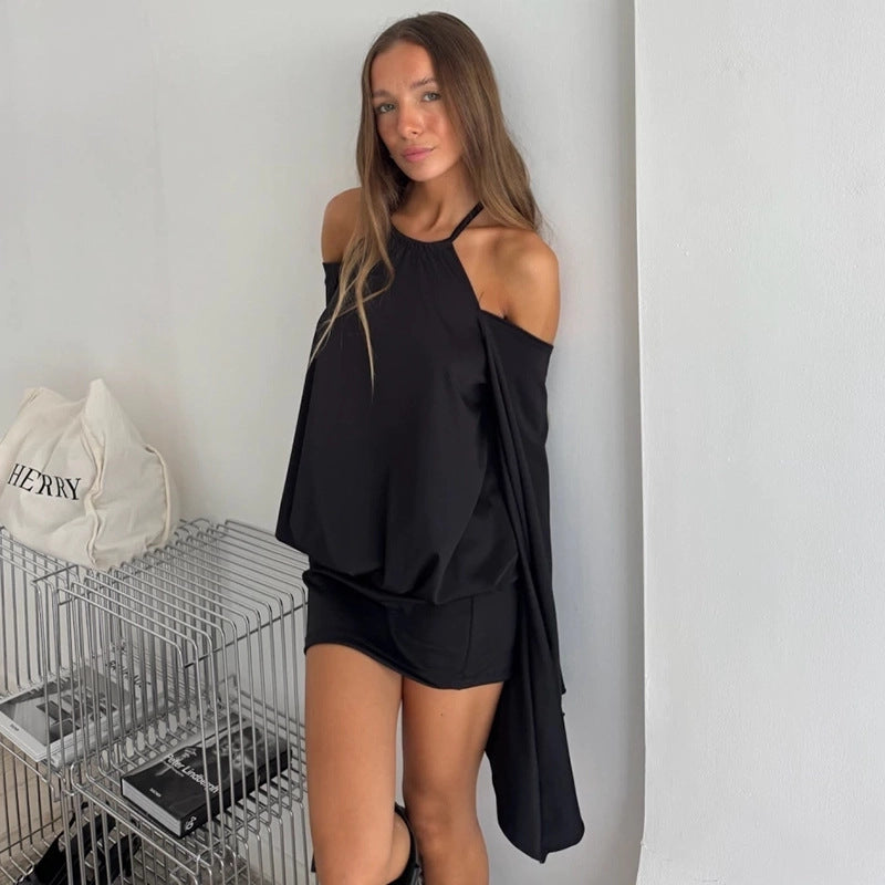 Summer Women's Solid Casual Halter Neck Bell-Bottom Sleeve Low Back Bodycon Mini Dress
