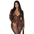 New Leopard Print V-neck Long Sleeve Sexy Tight Jumpsuit