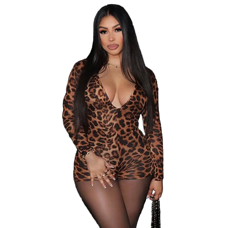 New Leopard Print V-neck Long Sleeve Sexy Tight Jumpsuit