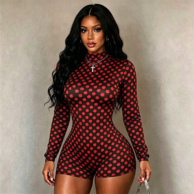 Women Sexy Polka Dot Round Neck Long-Sleeve Bodysuit