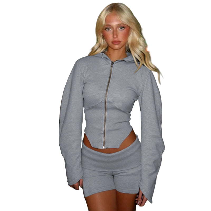Zipper Long Sleeve Hooded Cardigan Coat Top Shorts Two-piece Set