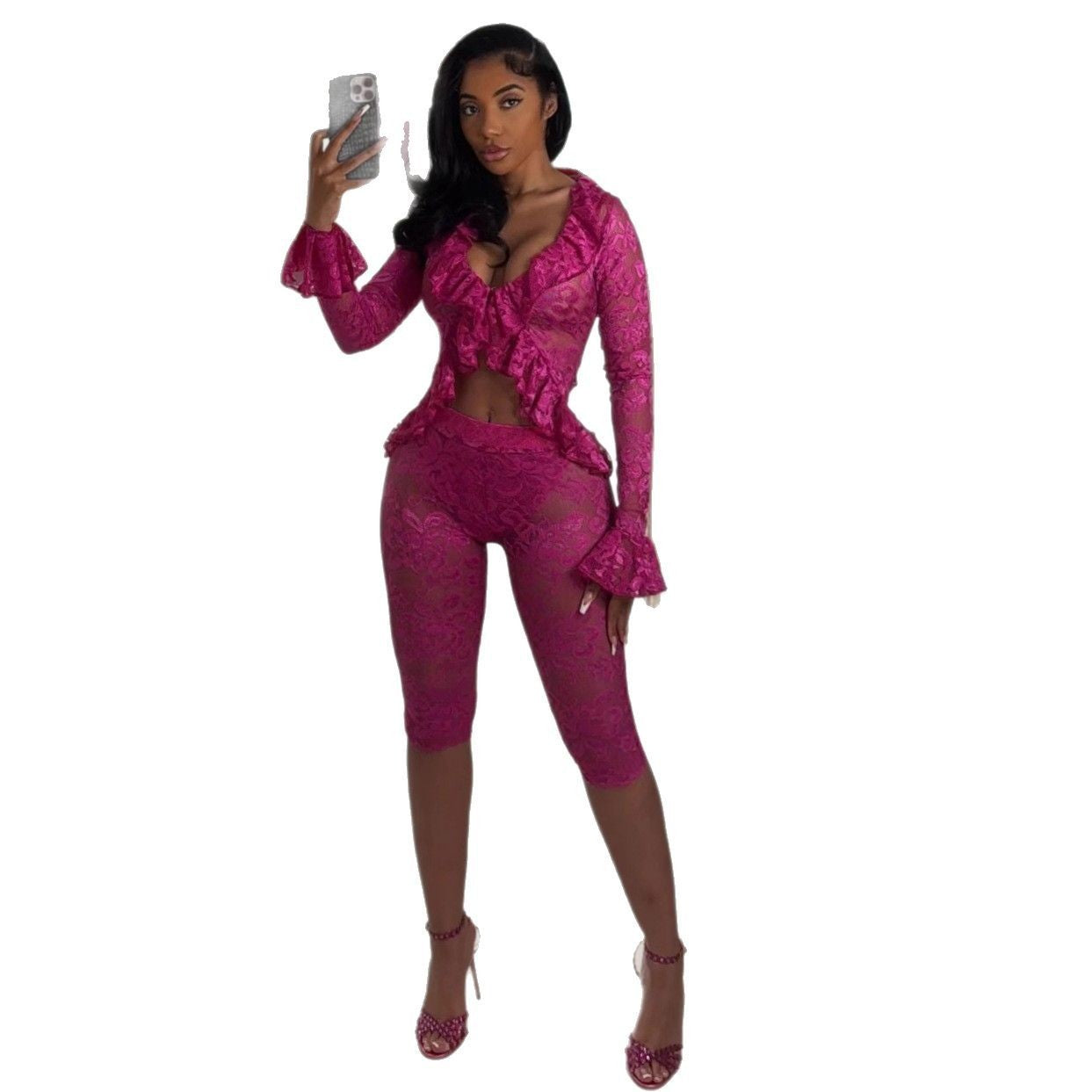 Spring Women'S Sexy Solid Color Hollow Lace Two-Piece Shorts Set