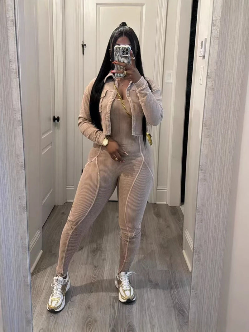 Fashion Women'S Solid Color Tight Slim Jumpsuit Coat Casual Two-Piece Set