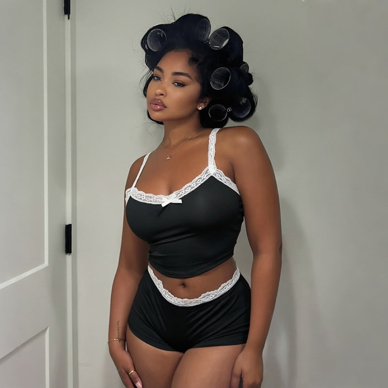 Women Summer Lace Camisole Top Low Waist Shorts Loungewear Set