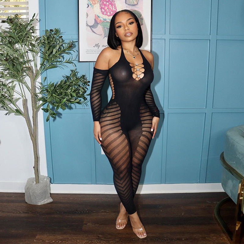 Summer Women Sexy Halter See Through Long Sleeve Jumpsuit