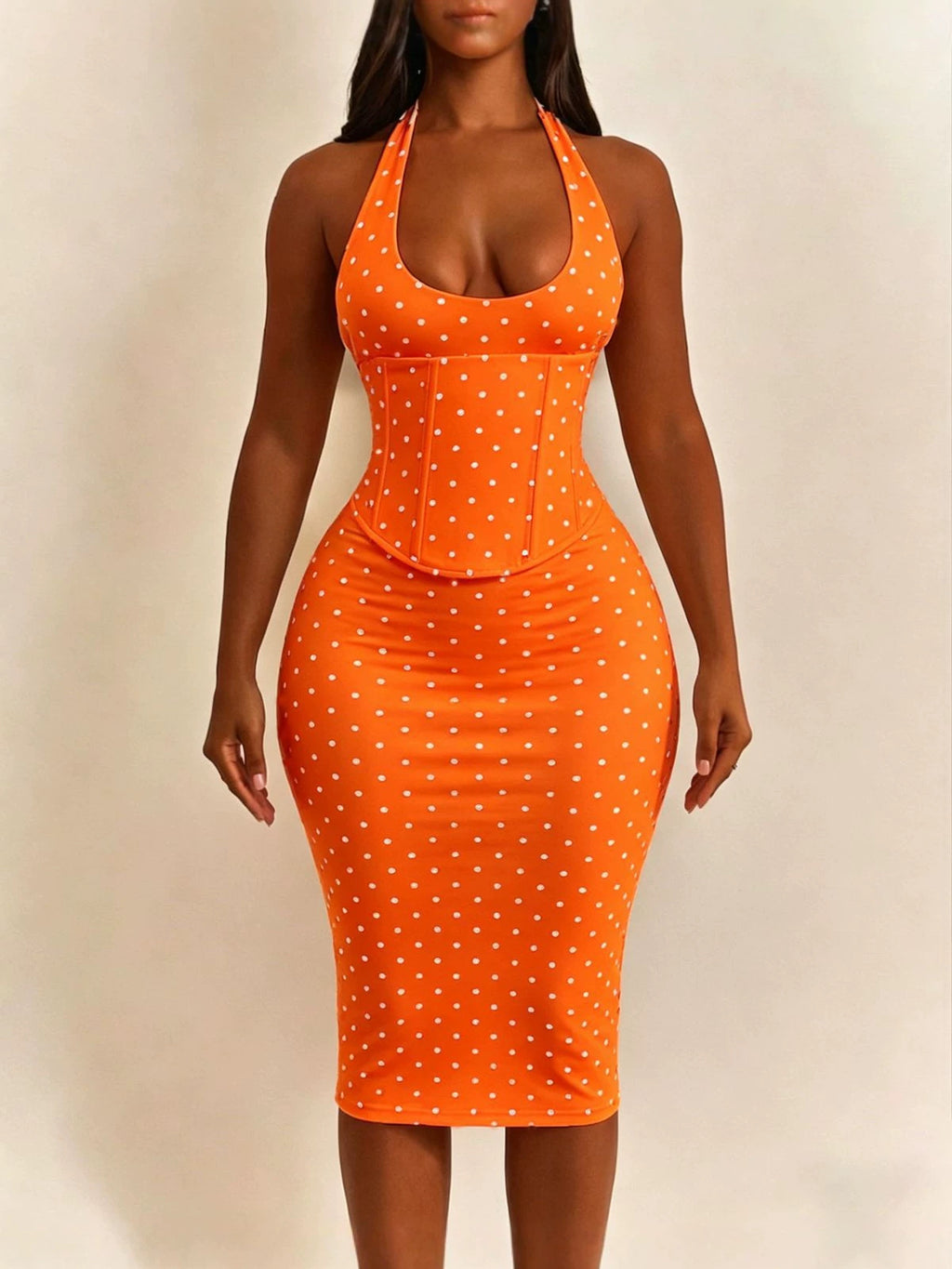 Women Halter Neck Polka Dot Herringbone Zipper (Faux Two-Piece) Dress