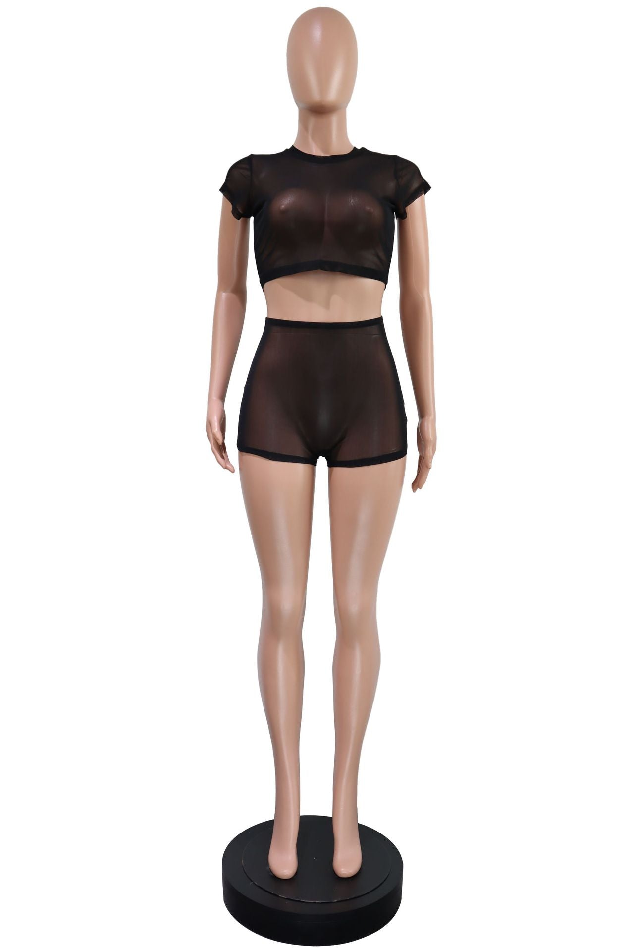 Women's Solid Short Sleeve Hollow Out Slim Fit Mesh Two-Piece Shorts Set