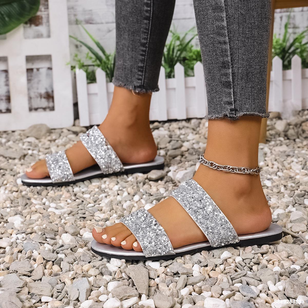 Plus Size Women Summer Rhinestone Casual Beach Slides