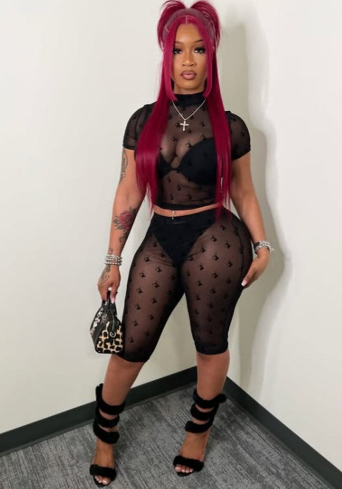 Women's Sexy Flocked Sheer Mesh Two-Piece Fashion Shorts Set - Infinite Luxe