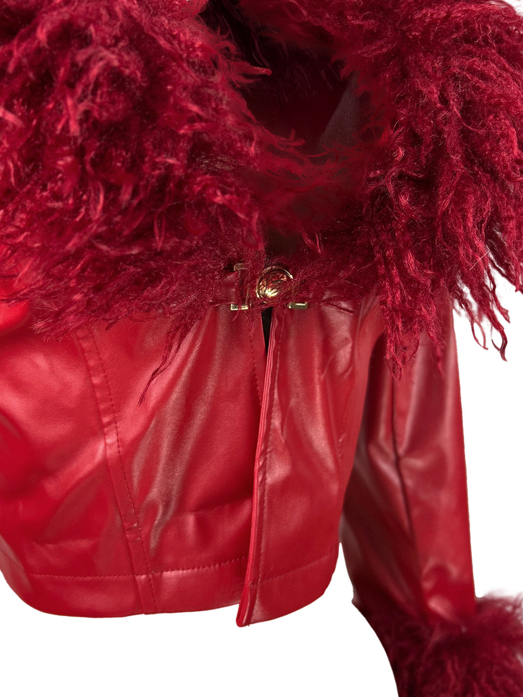 Women Furry V-Neck Button-Up Pu-Leather Jacket Top
