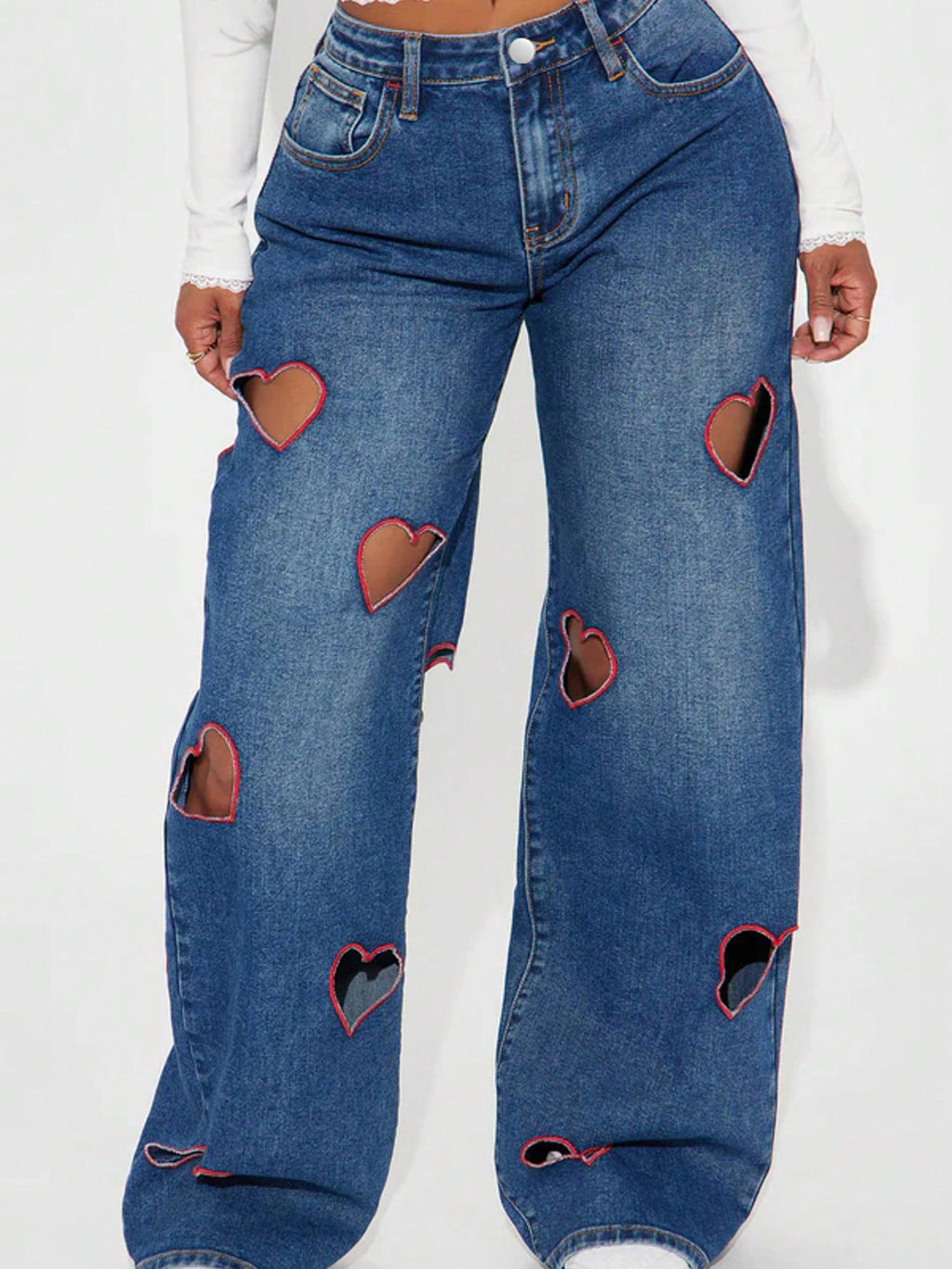 Women Denim American Style Hollow-out Heart Print Embroidered Wide-leg Pants