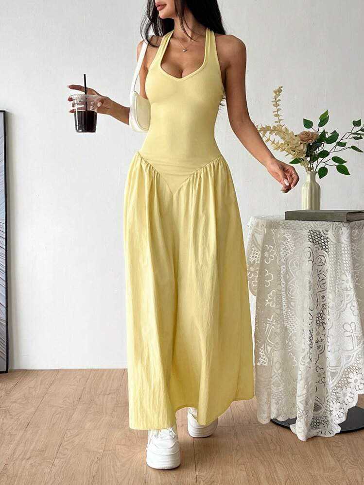 Women summer Halter Neck V Neck Backless ruffled sexy dress